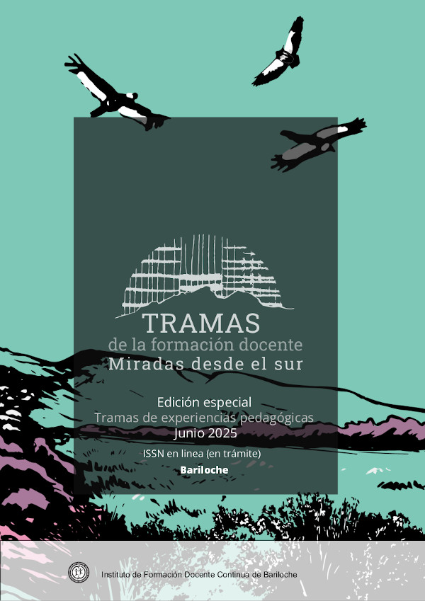 Portada de la revista 'Tramas de la formación docente. Miradas desde el sur', edición especial de junio 2025 sobre experiencias pedagógicas. Se observan ilustraciones de aves volando y un paisaje patagónico. Instituto de Formación Docente Continua de Bariloche.